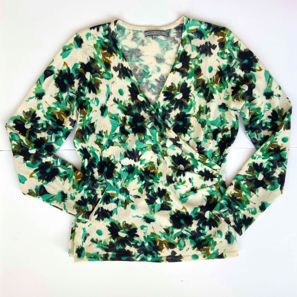 ANNE KLEIN CASHMERE FLORAL WRAP SWEATER LONG SLEEVE TOP OFFICE BOTANICAL FLOWERY